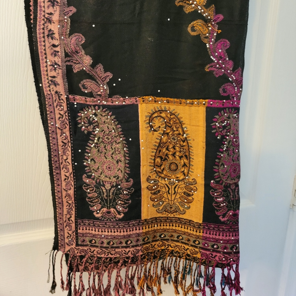 Multi Color Blue Pink Orange Paisley Print Shawl with 3" Long Fringe